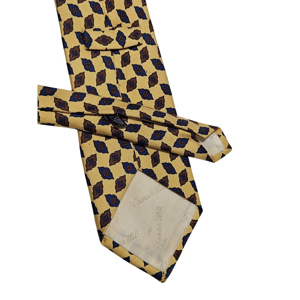 Charles Hill Mens Silk Necktie Geometric Pattern Yellow Blue Brown - Picture 2 of 4